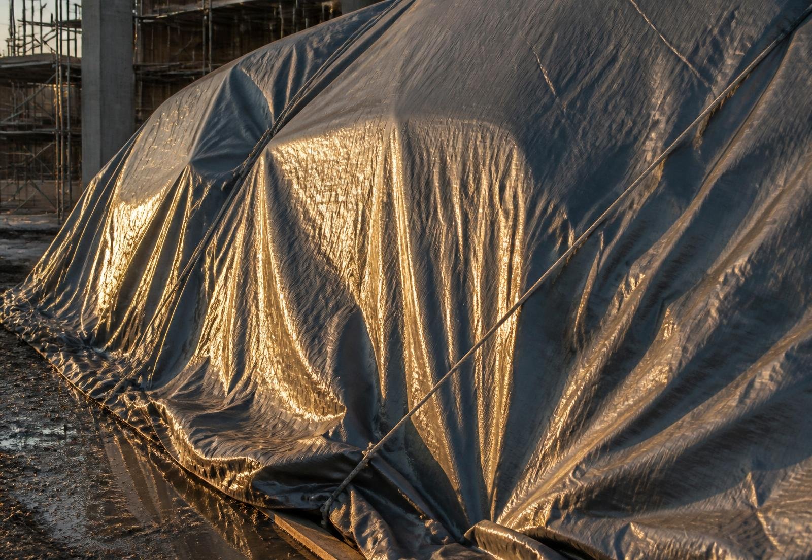 Heavy-duty tarpaulin sheet stretched against a stormy sky